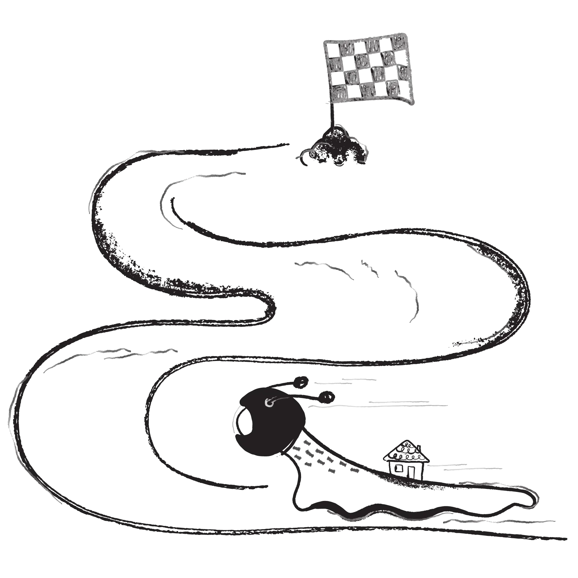 Ridiculous illustration of snail with small actual house heading to meta line.